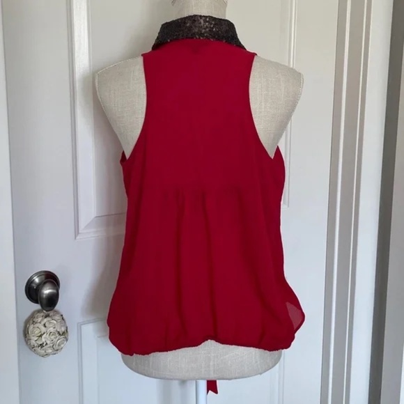XOXO | Vintage Y2K Red Sleeveless Sheer Blouse with Gold Sequin Collar, Size M - Picture 7 of 13